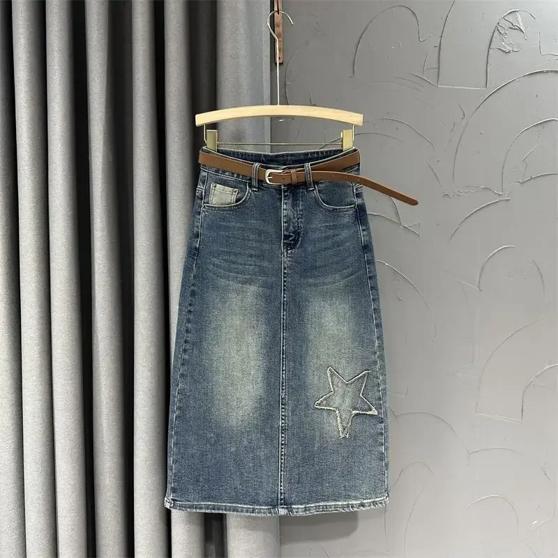 

Denim Skirt for Women High Waisted A-Line Skirt Slit Medium Length Vintage 2024 Summer Korean Fashion Skirt New F92