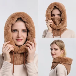 Sombrero de invierno con capucha para mujer, máscara facial, pelusa, mantiene el calor, bufanda de cuello de estilo grueso, gorro con capucha, gorro de punto de Cachemira, calentador de cuello