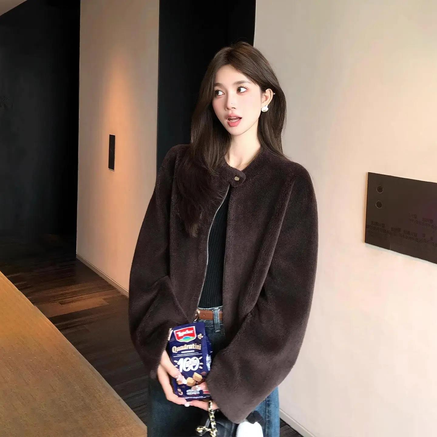 Bomber Jackets Womens Jacket Emblems Winter Plush Lining Snap-Button Double-Breasted Patchwork Insulated Adventure Hiking Simple