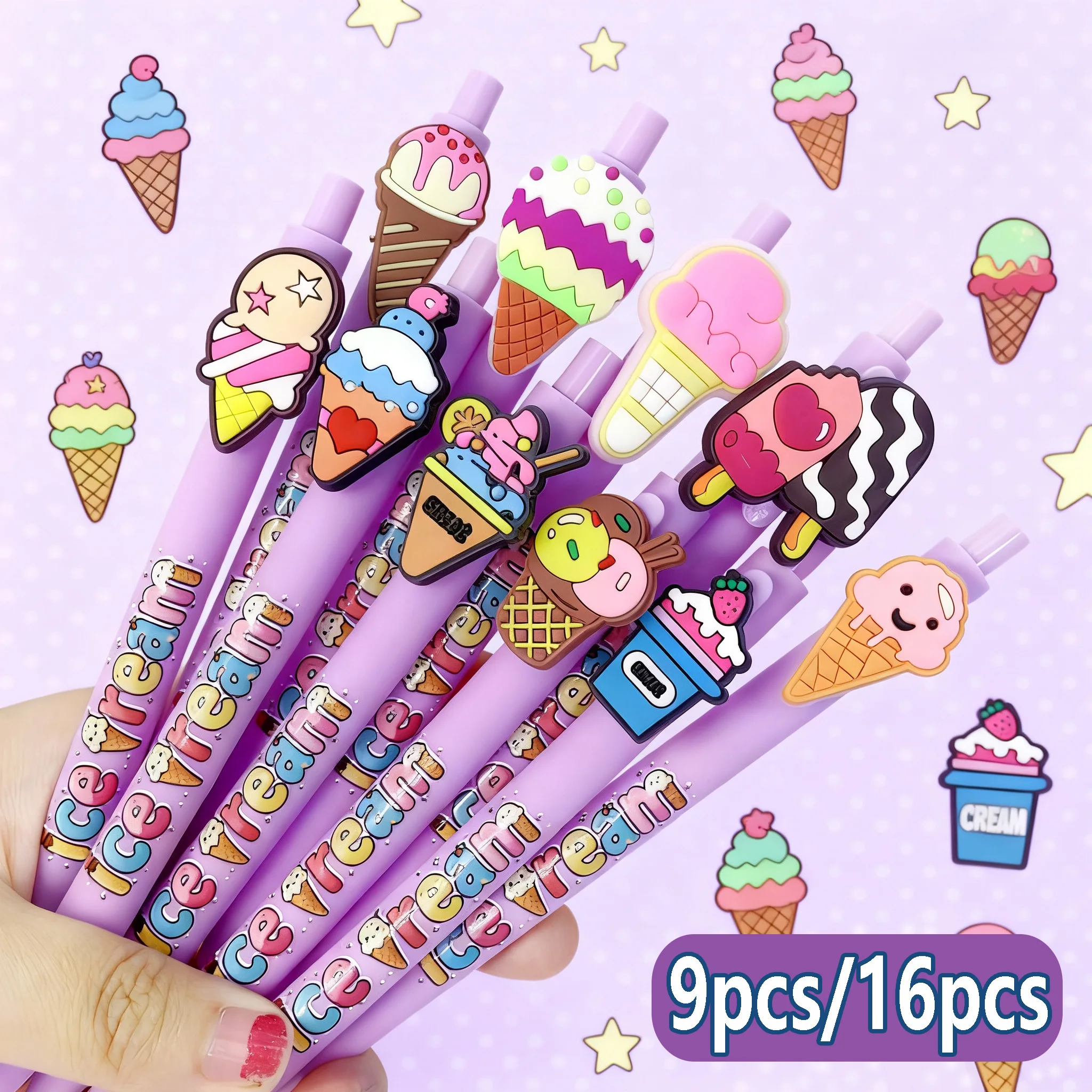 

9pcs/16pcs Purple Ice Cream - Themed Ballpoint Pens, Creative Retractable Push - Type Ice Cream - Shaped Pens