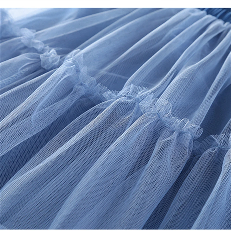 Elegant Children Blue Black Color Long Mesh Wrap Layered Skirt For Teens Girl Fashion A-line Skirt with Mesh Kids Age 5-14 Years
