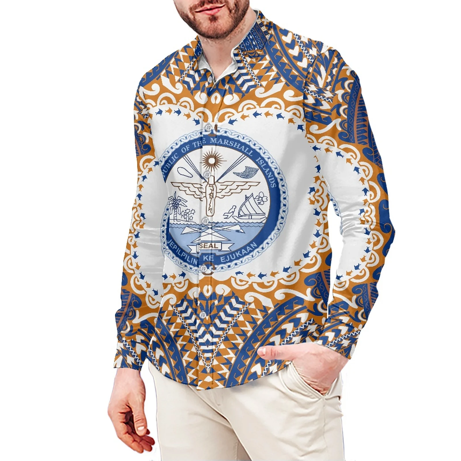 New Island Image Tattoo Print Polynesian Style Men's Shirt Stand-Up Collar Shirt 6XL Slim Long Sleeve Men's Shirt Men's Clothing