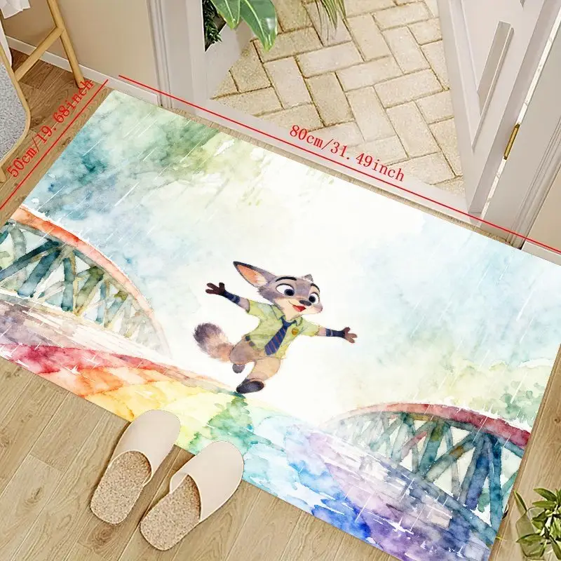 

1PC Disney Zootopia Nick Wilde Cartoon Floor Mat, Adorable Watercolor Anime Character Art with Vibrant Rainbow Bridge & Rainy Da