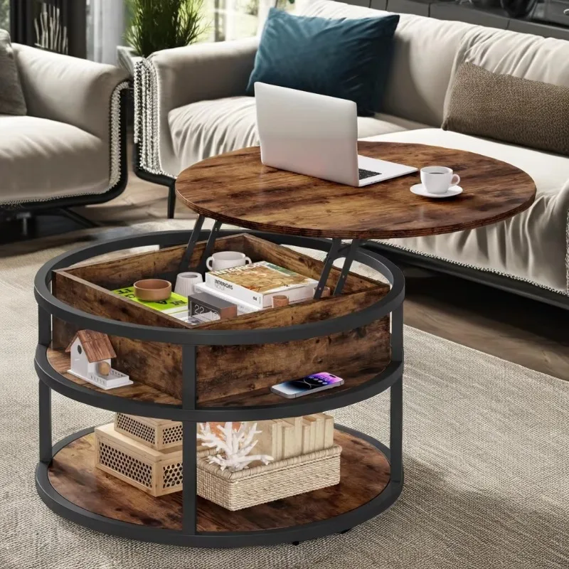 High Quality Modern Wood Metal  Hot Sale Round Table Design Lift Top Coffee Table for Living Room