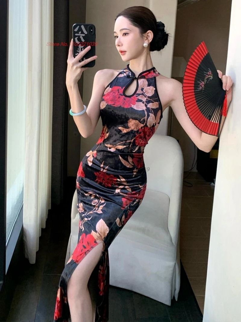 

Китайское сексуальное платье для ночного клуба, улучшенное бархатное платье Cheongsam с национальным цветочным принтом, платье Ципао без рукавов, облегающее платье в стиле ретро