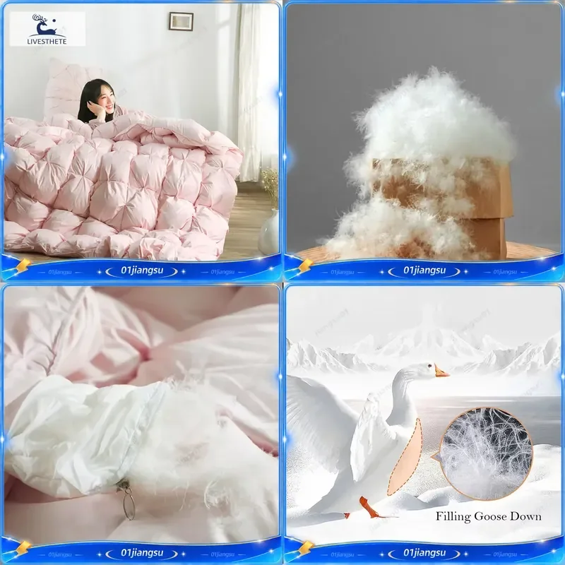 Liv-Esthete Women Pink 100 Percent Goose Down Comforter 3D Bread Quilt Filler Winter Warm Duvet Bedding Cotton Cover Twin
