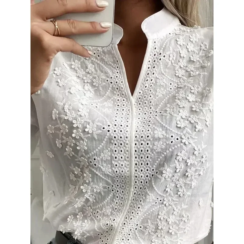 Summer Women Casual Chic White Blouses V Neck Hollow Out Floral Pattern Eyelet Embroidery Half Sleeve Daily Wear Top