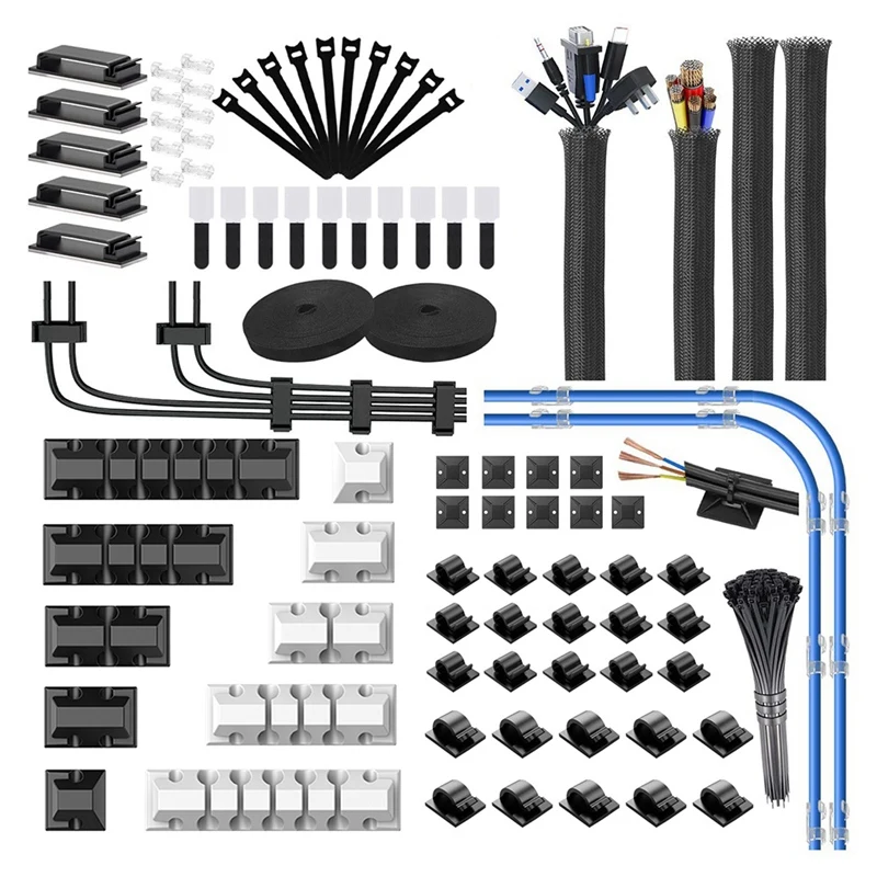 Kit Organizer kabel 186 buah dengan dudukan kabel, selongsong pengatur kawat klip kabel gulung tali pengatur kabel untuk meja rumah