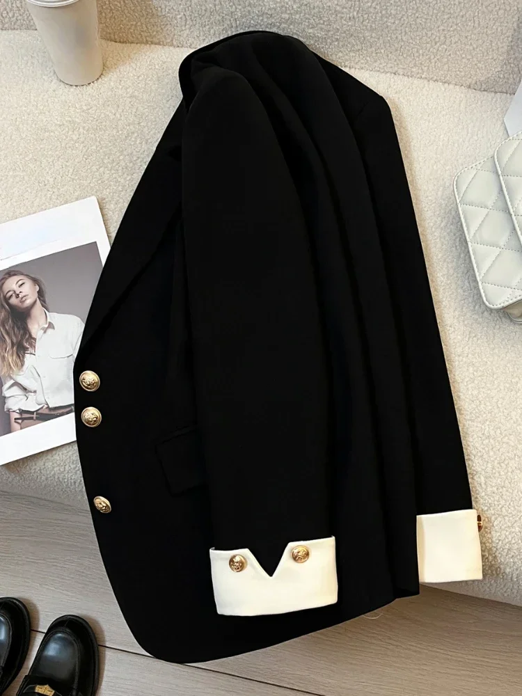 Autumn Female Korean Commuting Splicing Suit Tops Coat New Fashion Women Design Sense Niche Loose Milk White Blazer Jacket