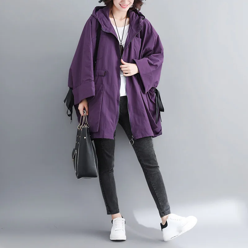 Imagem -02 - Blusão Feminino Longo Cabolsa Agradável Primavera Outono Trench Coat Bat Manga Grande Tamanho Solto Casual com Capuz Cabolsa Outerwear R324