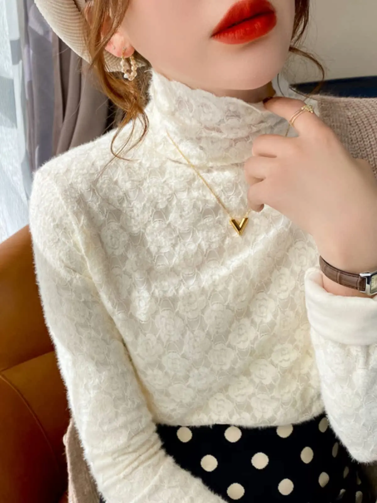 

Fce Lined Lace Base irt Women's Autumn Winter Thiened High-End Feel Inner Wear f High Collar Unique Faionable Top