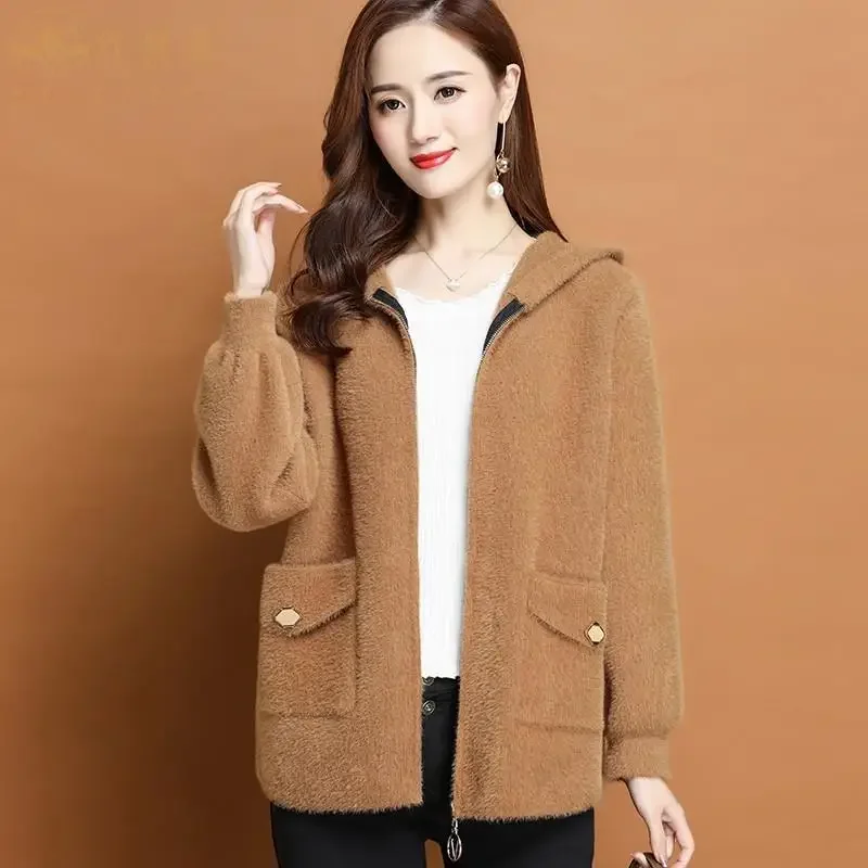 

Autumn Winter Women Hooded Jacket Faux Mink Fleece Sweater Korean Fashion Zipper Streetwear Retro Knitted Cardigans Coats New