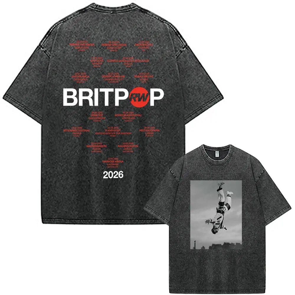 Robbie Williams Britpop Tour 2026 Merch Vintage Washed T Shirts Men's Clothing Fashion Short Sleeve Casual T-shirts Streetwear