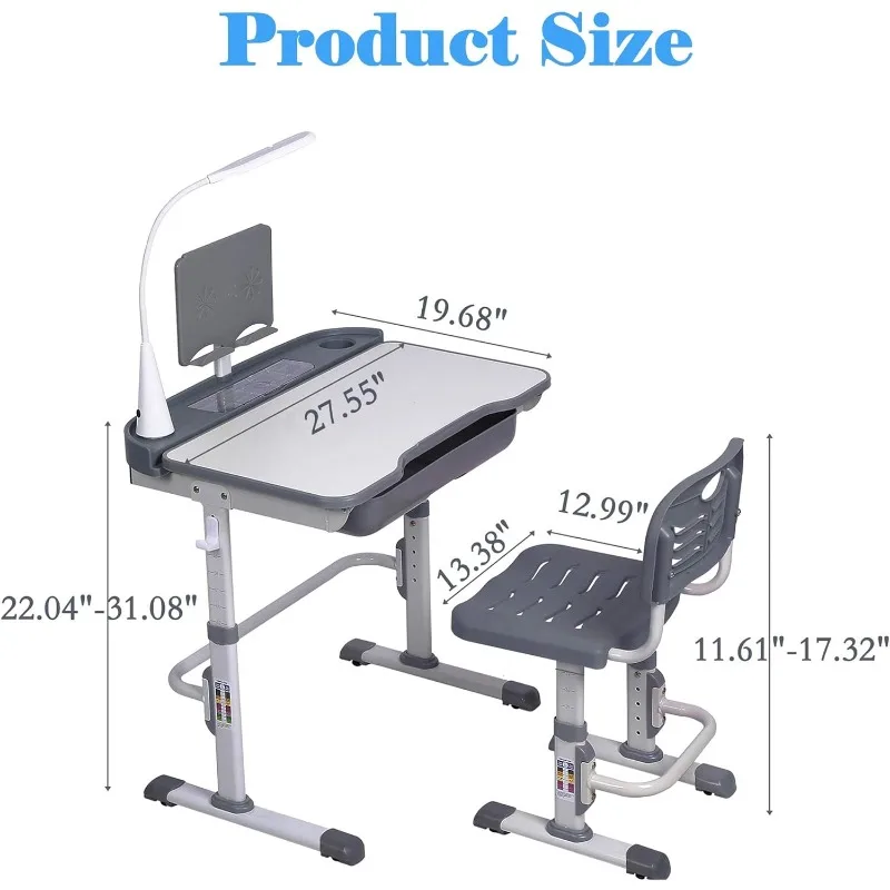 Juego de escritorio y silla para niños, mesas de escritura de estudio escolar para niños, altura ajustable, escritorio inclinable, luz LED, cajón de almacenamiento