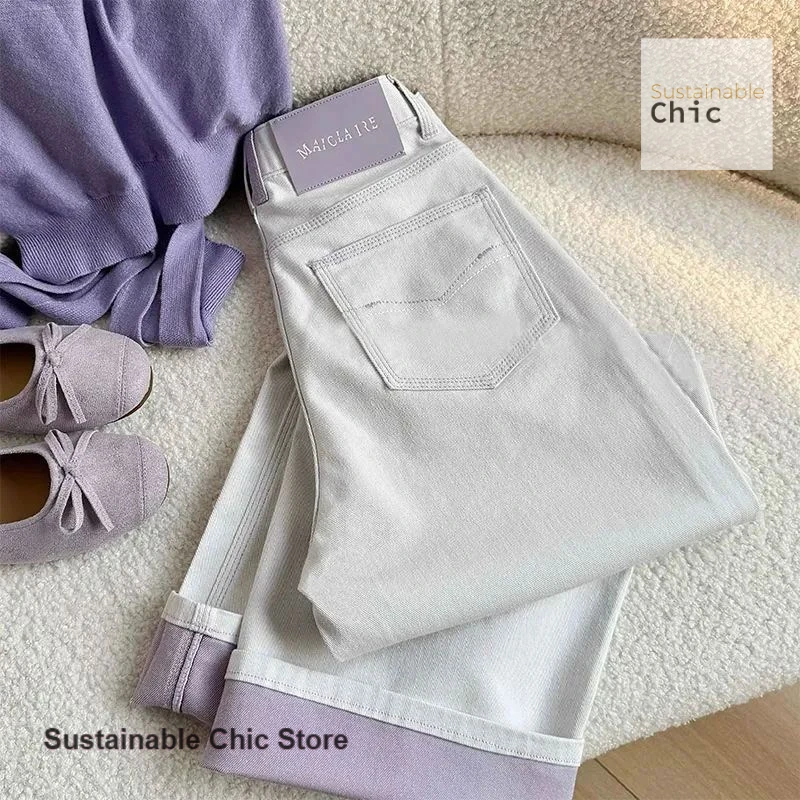 

Korean style lavender two-color straight jeans women spring and autumn new embroidery plus size slim high waist wide-leg pants.