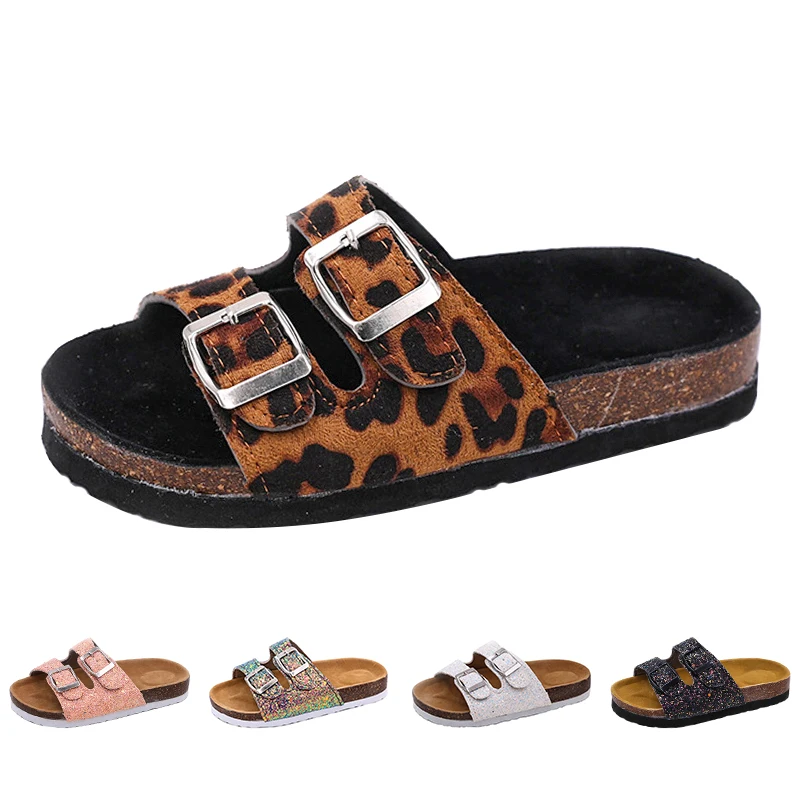 2019 New Kids Slippers Summer Beach Children Cork Sandals Bling Sequins For Family Shoes Leopard Barefoot Flats Girls Slipper