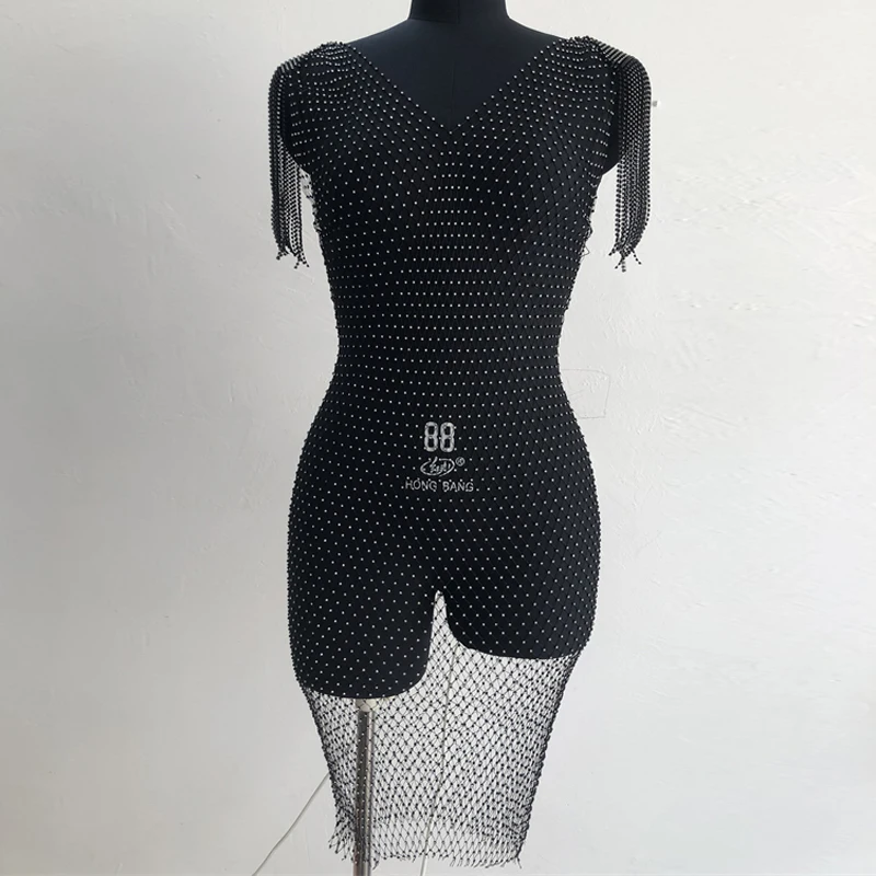 Strass-Fransen Netz-Überwurfkleid Transparentes Fischnetz-Quasten-Minikleid für Damen Clubwear Strand-Bikini-Überwurf Schwarz Weiß – Detail 6