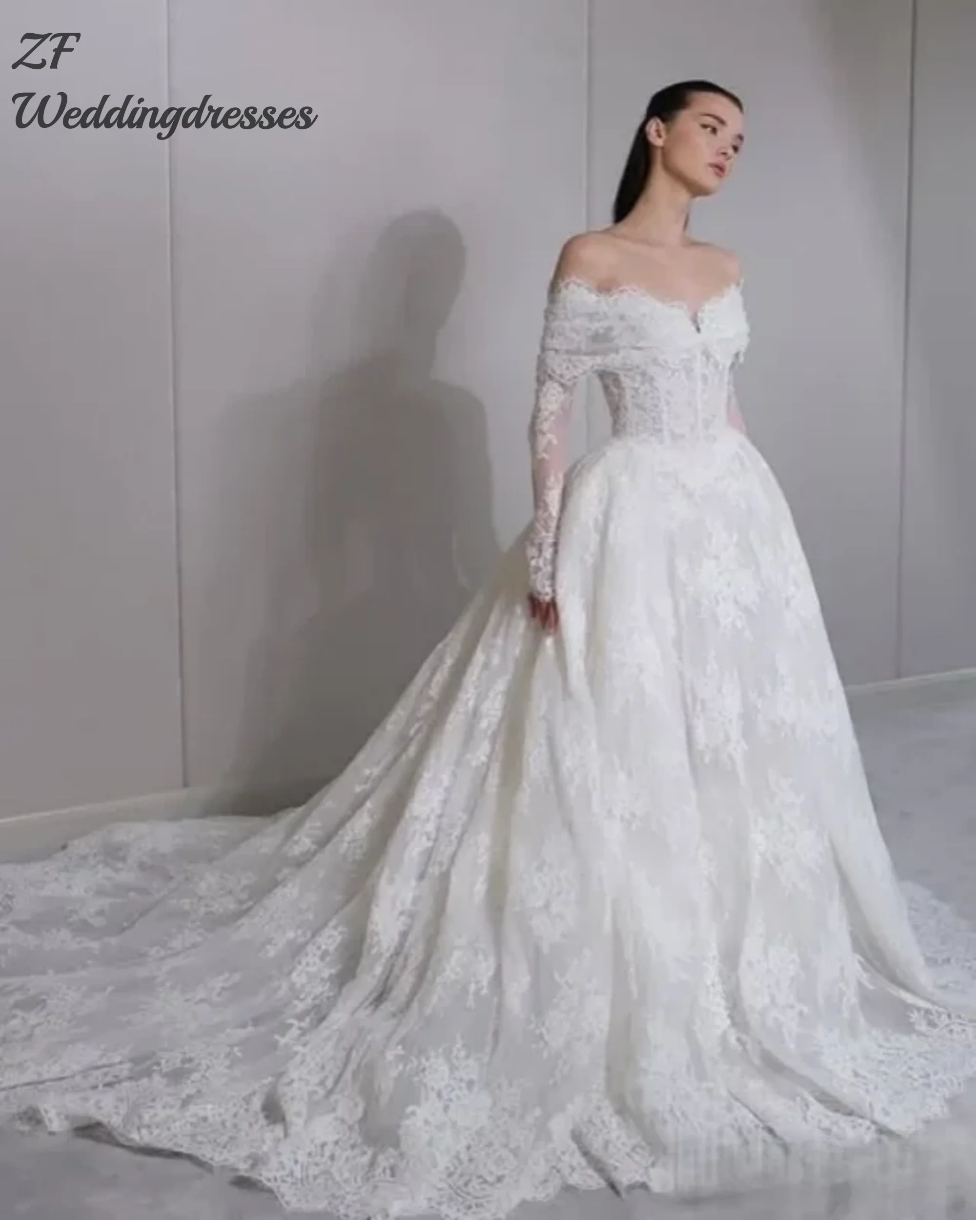 Customized  Luxury Lace A Line Wedding Dresses Off the Shoulder Full Sleeves Bridal Gowns Customized 2026 for Brides Sweep Train