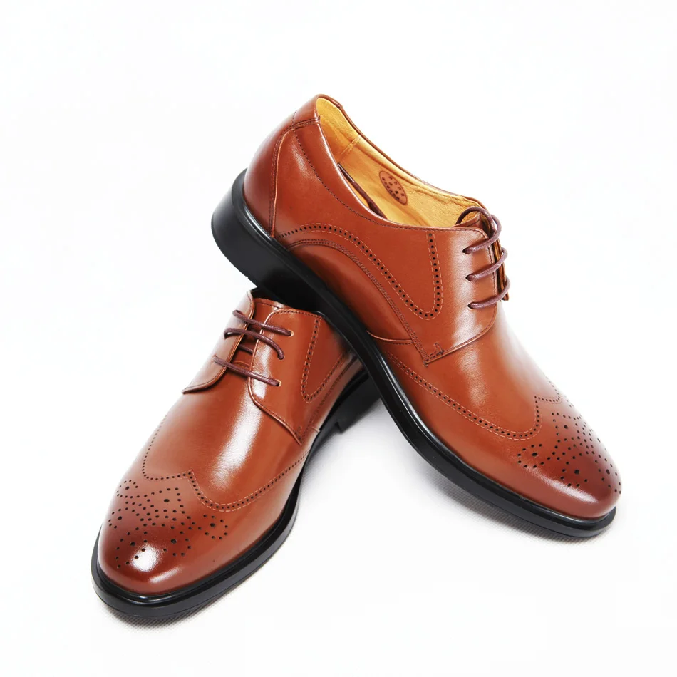 brown color calf leather walking style height increase  air circulation magnetic therapy massage dress  shoes for man