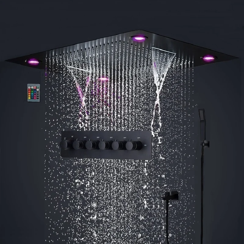 Luxury 5 Functions High Pressure Bathroom 600*800MM Black Shower Faucets LED Rain Shower Head Set Thermostatic Mixer System