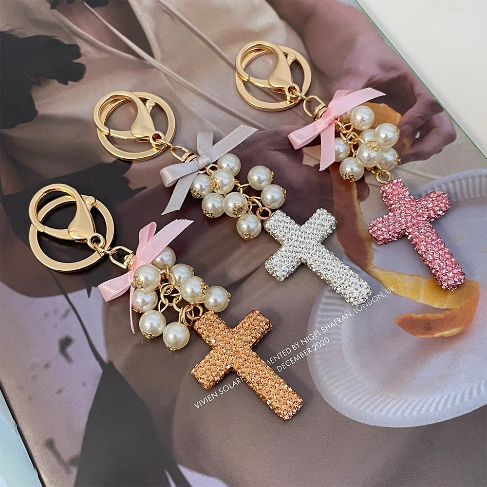 Cross Keychain Crystal Rhinestone Pearls Bow Key Ring Women\'s Bag Pendant Souvenir Gift