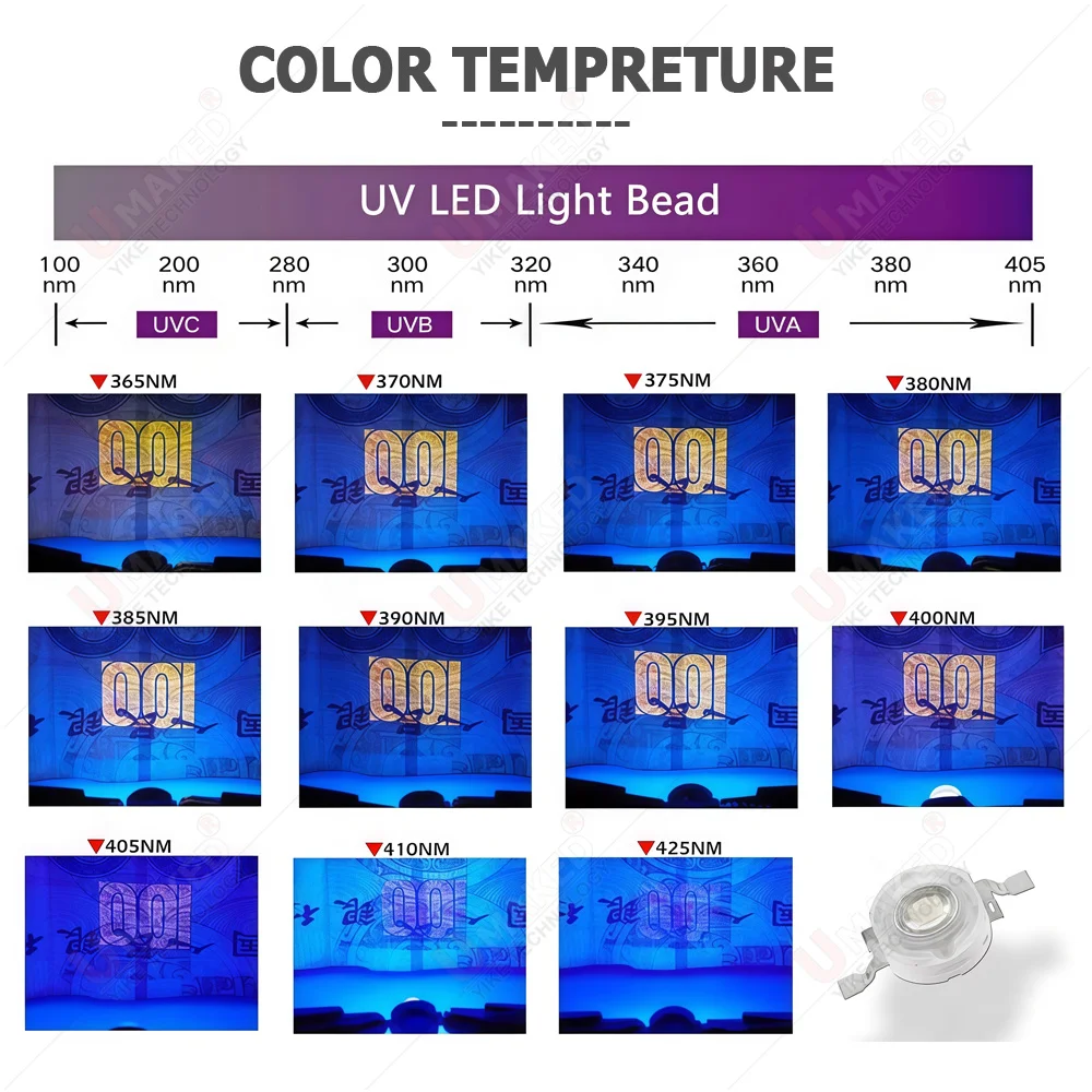 10pcs 3W UV High Power LED Light Beads Ultra Violet Purple LED Chip 365nm 370nm 380nm 390nm 395nm 400nm 405nm 410nm Lamp Bulb view 4