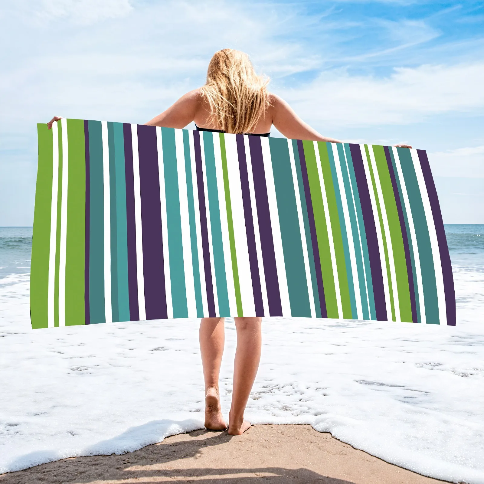 

Green Purple Vertical Striped Beach Towel Polyester Quick Dry Swim Towel Sand Free Summer Outdoor Vacation Pool Blanket