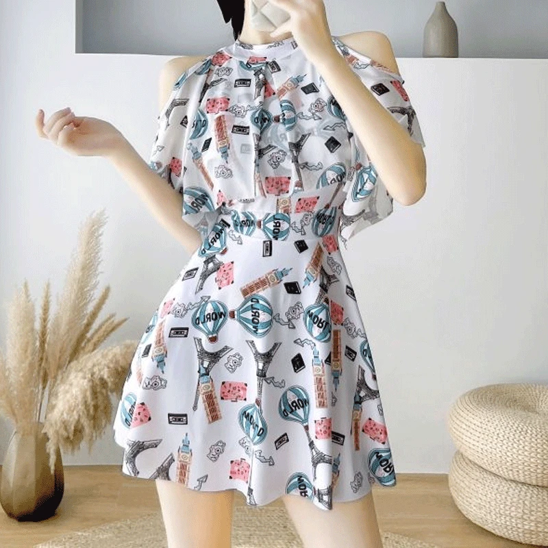 2023 Summer Fashion Oversized Temperament Women's Clothing Slimming Conservative Seaside Vacation Printed Off Shoulder Swimwears