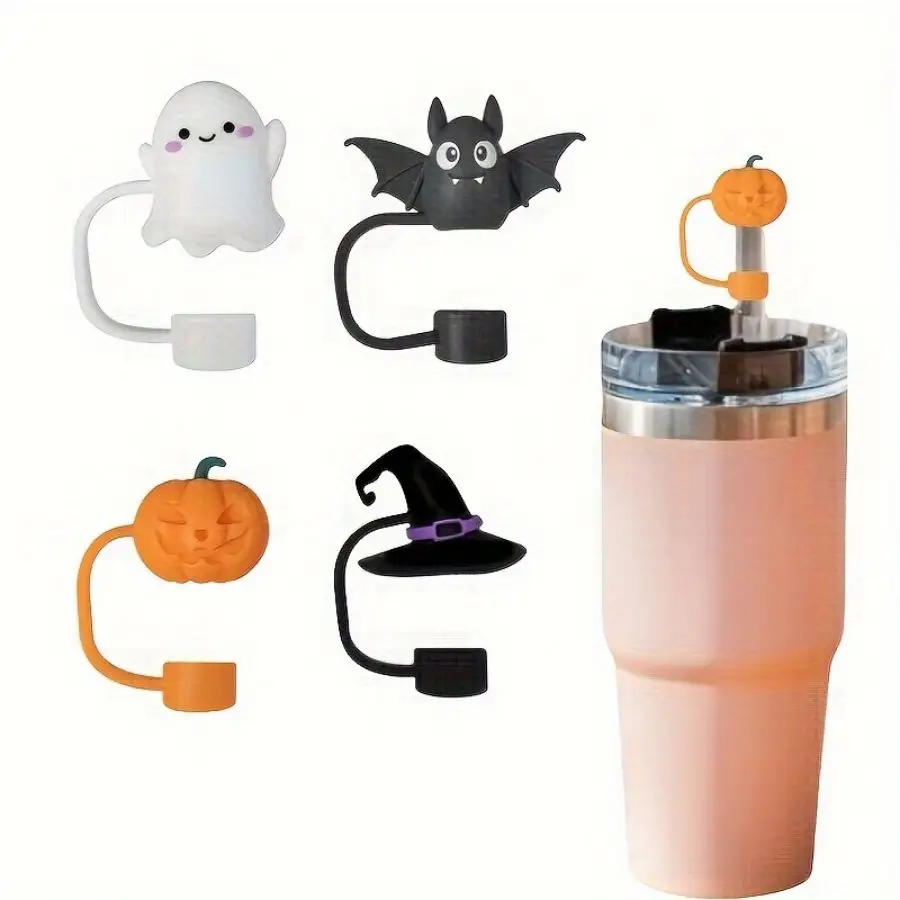 Halloween Silicone Straw Cover: Cute Ghost, Bat, Witch Hat and Pumpkin Design - Suitable for 10mm Straw