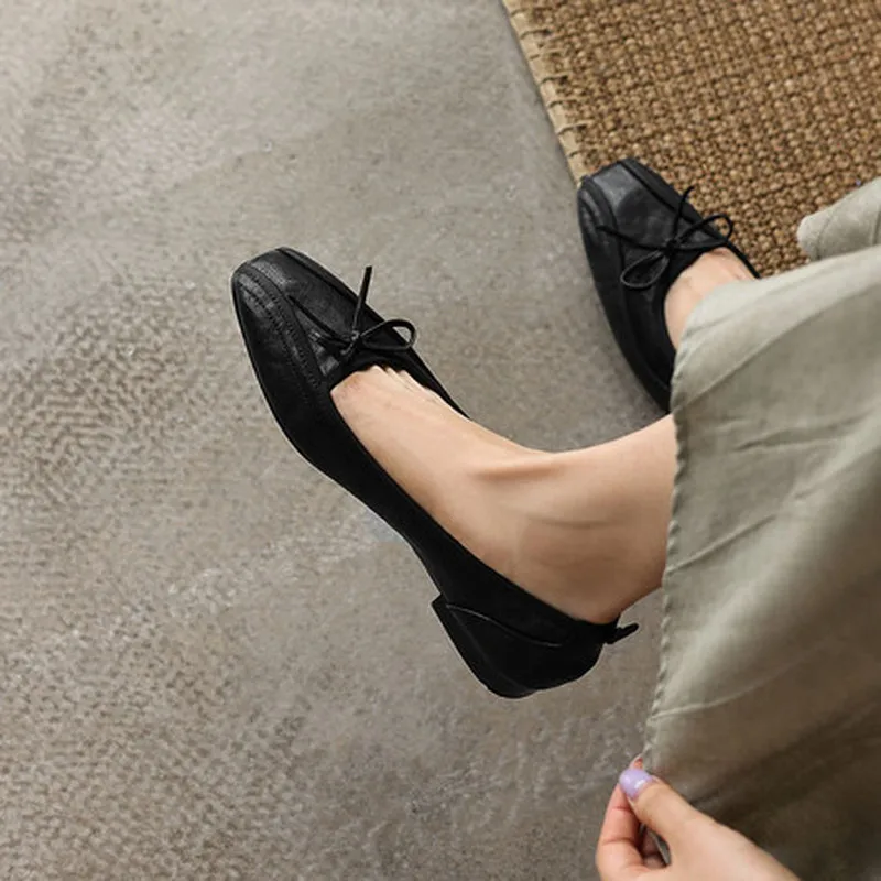 Ladies Soft Washed Cowhide Slip On Flats Wrinkled Bow Design Flat Heel Rubber Outsole Pigskin Lining Sheepskin InsoleF337