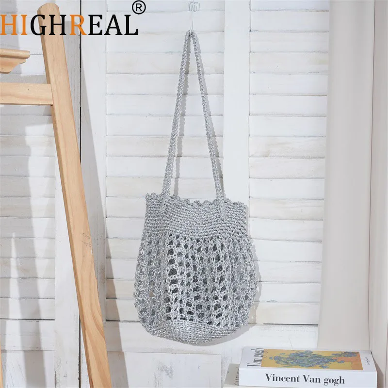 

Сумка-тоут из полого серебристого металла с текстурой плетения, вязаная крючком, ручной работы, для женщин