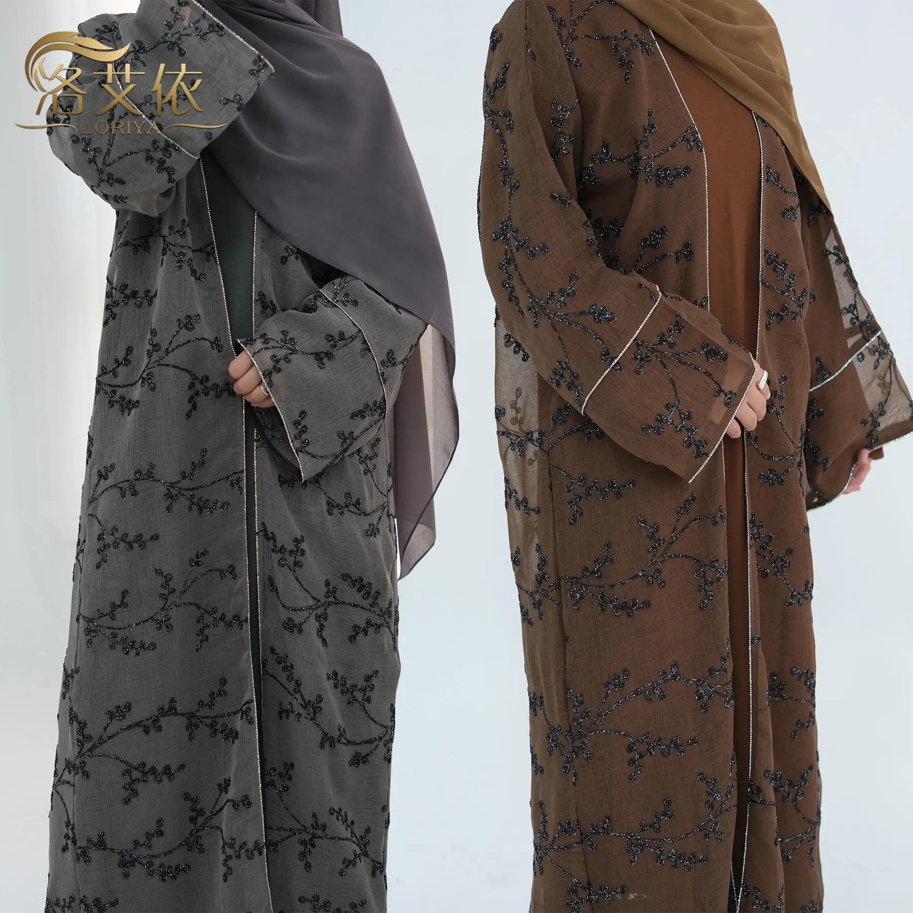 2026 Middle East Women's Elegant Loose Casual Trendy Basic Daily Embroidered 2 piece sets Long Sleeve Cardigan Abaya Female Coat
