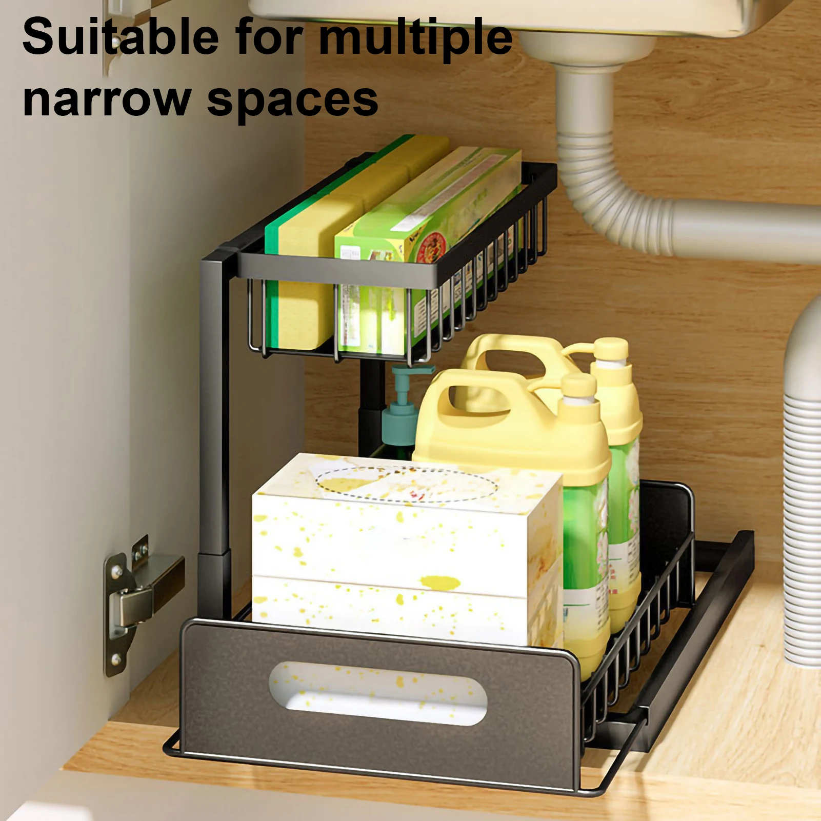 Under Sink 2 Tier Sliding Cabinet Basket Organizer Drawer Pull Out Cabinet Multi-Purpose Sink Organizer for Bathroom Kitchen