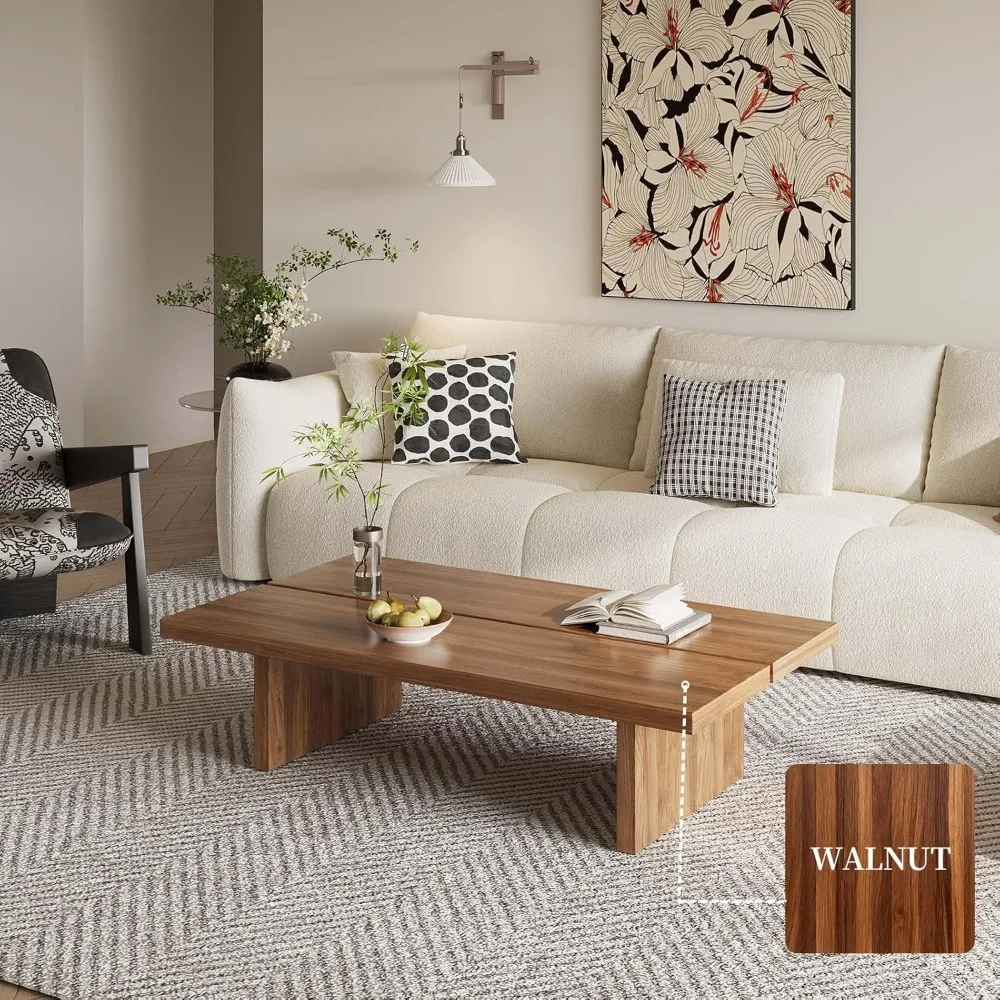47-Inch Rectangular Coffee Table - Modern Understated Luxury Center Table for Living Room, Minimalist Walnut Grain Wood Coffee