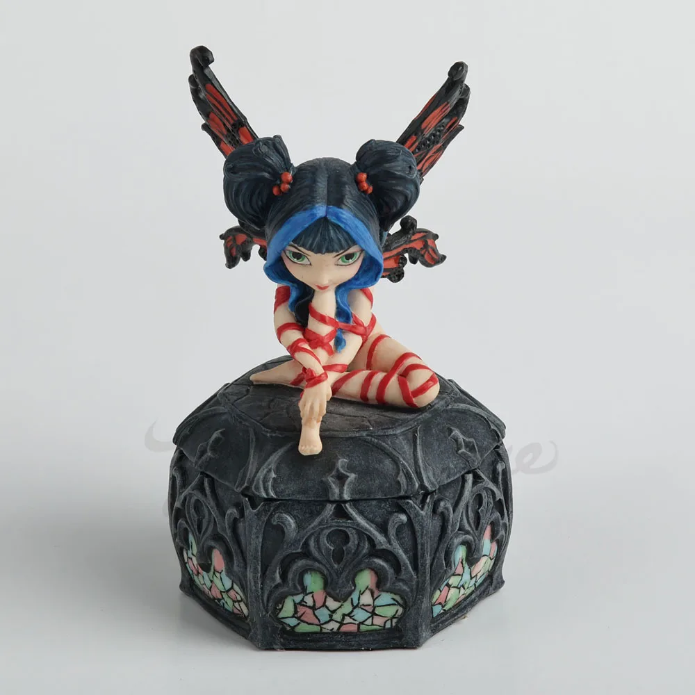 Gothic Striped Fairy Resin Jewelry Box Dark Elf Figurine with Butterfly Wings Octagonal Carved Trinket Box Home Decor Ornament