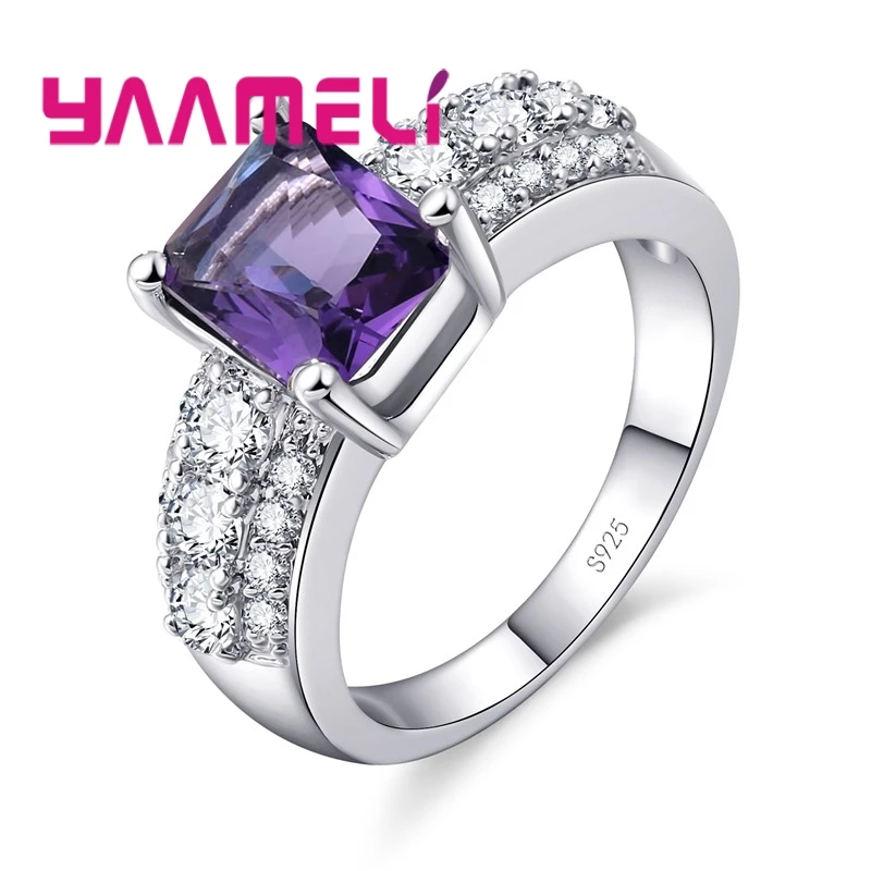 Ring 925 Sterling Silver Embellished Large Quartet Crystal Stone Cubic Zirconia Classic White/Red/Blue/Green/Purple
