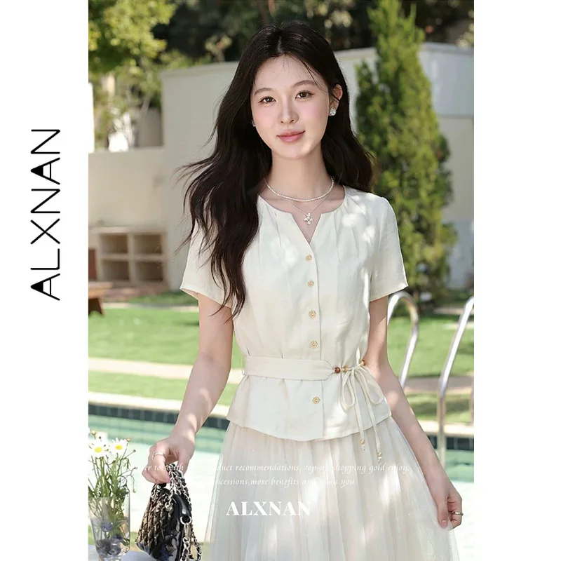 

ALXNAN Women's Short Sleeve Shirt V Round Neck Beaded Belt Elegant Blouses 2026 Summer Fashion Casual Office Lady Tops DYL662804
