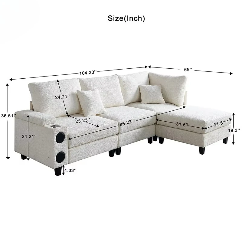 Modern Teddy Fabric Home Theatre Sofa Electric Unit Combination Living Room L-shape with USB Port and Sound Equipment