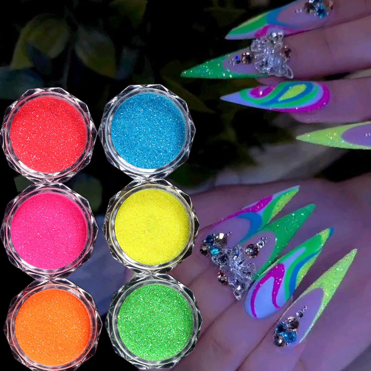 6pcs Set Nail Neon Dipping Powder Fluorescence Gradient Pigment Midnight Party Nail Art Gel Polish Sugar Dust DIY Manicure Decor