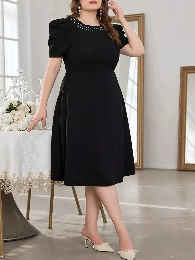 GIBSIE Plus Size Elegant Beaded O-Neck Puff Sleeve Black Dress Women Summer High Waist Office Ladies Party Slim A Line Dresses