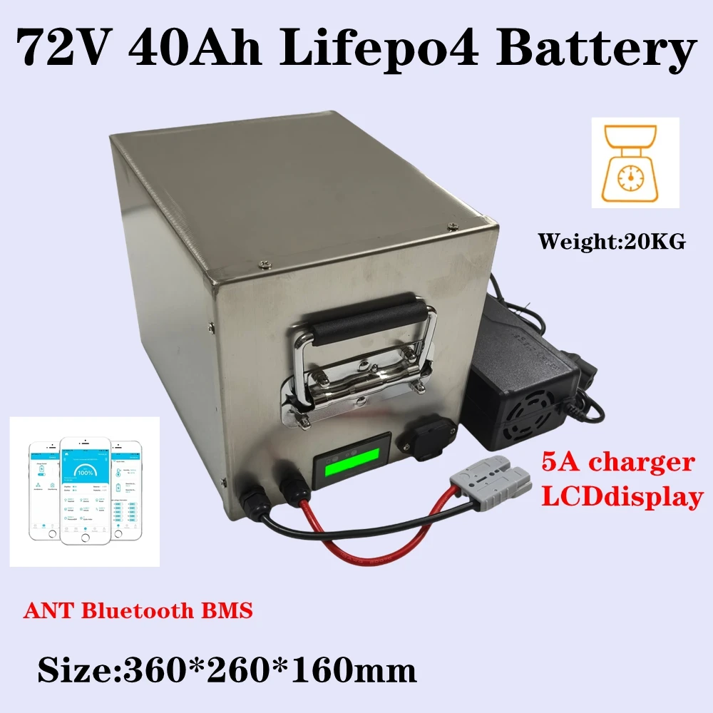 

72V 40Ah Lithium Iron LiFePo4 Battery with ANT Bluetooth BMS APP for 3000W Scooter Motorcycle Forklift Crane Truck + 5A Charger