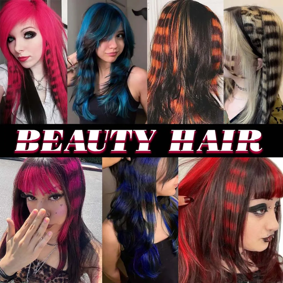 6 piezas de extensiones de cabello sintéticas con rayas de colores, largas y lisas, con clip, para uso diario, fiestas y Navidad 4