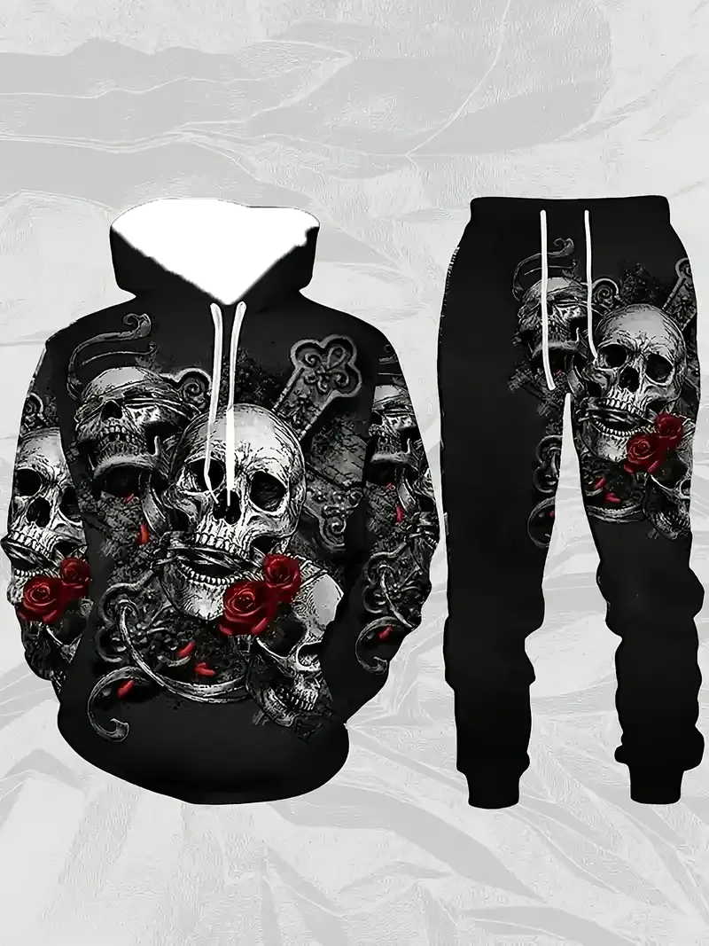 

Autumn and Winter Men's Hoodie Set Men Sports and Leisure Hoodie Set Skull Print Pattern Set Quick Drying and Breathable