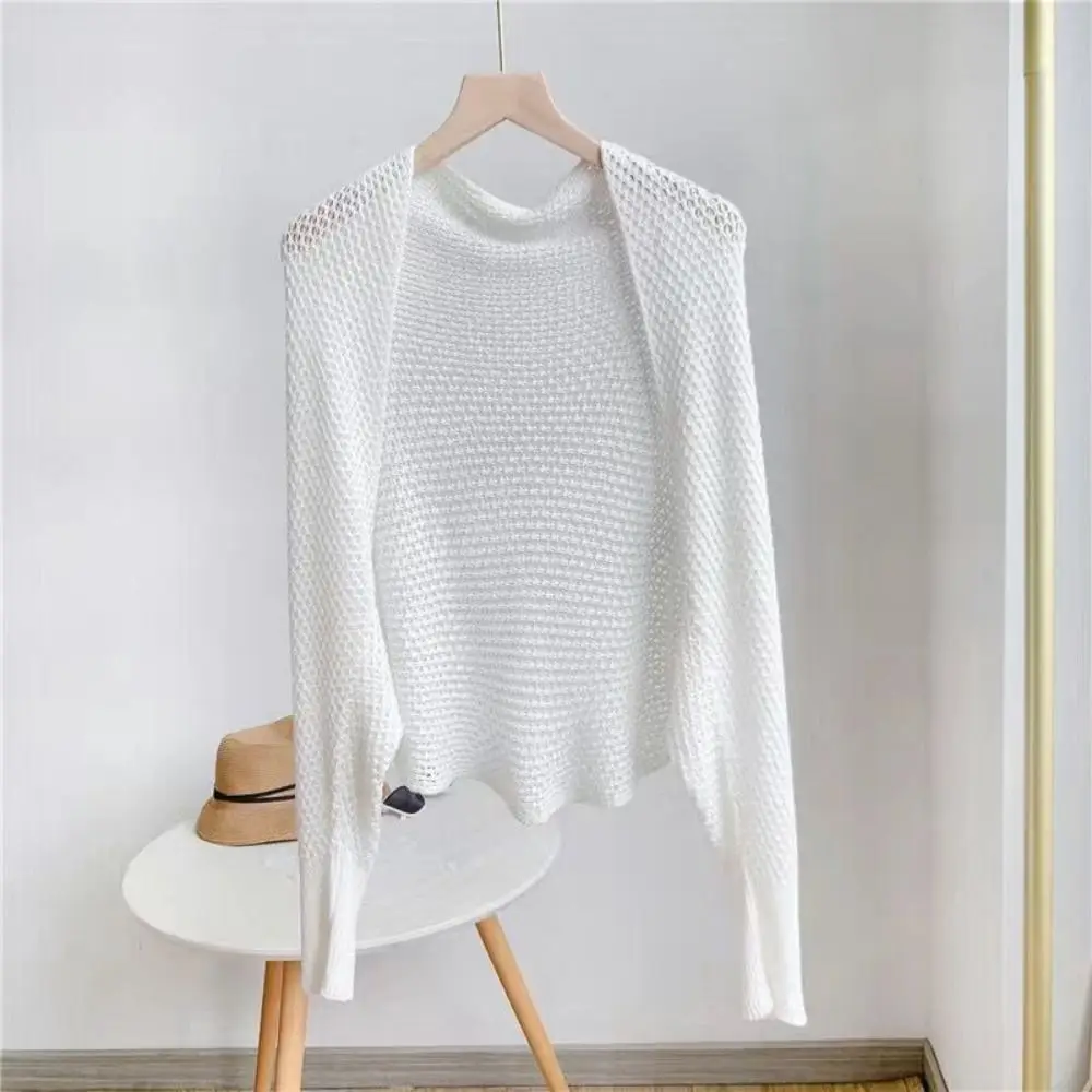 

Негабаритный полый вязаный кардиган, топ с длинными рукавами, свободный ажурный пляжный укороченный топ, пляжная одежда в корейском стиле