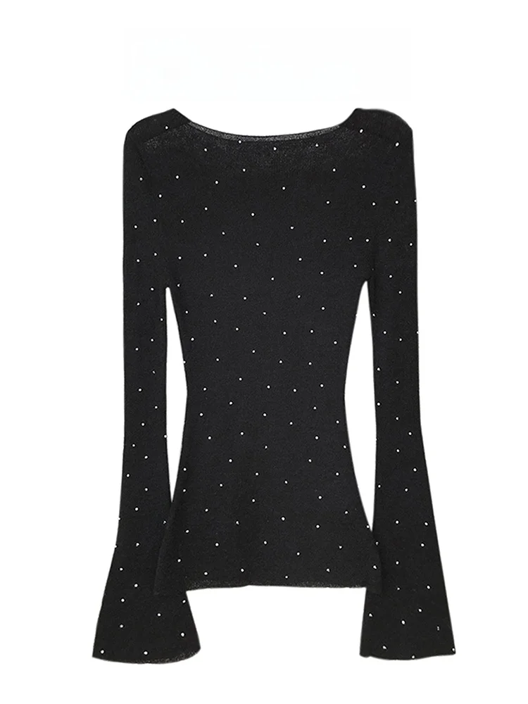 

Women's ort Knitwear with Bell Sves Diamond Embellied Base Layer Inner Wear Commute Sle Korean Version 2023 Autumn N...