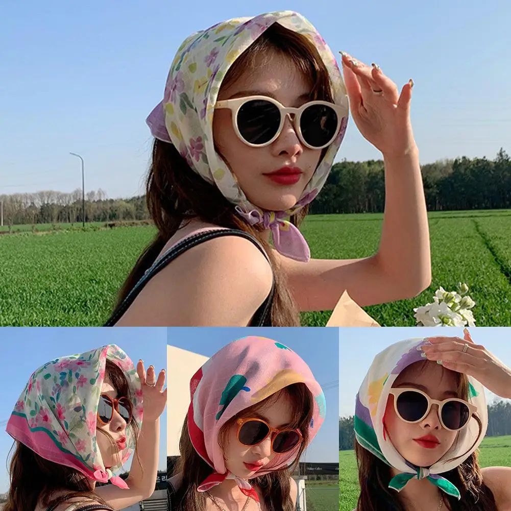 Floral Hair Bandanas Headband Tie-back Head Kerchief for Women Flower Mesh Hair Scarves Lightweight Triangular Head Scarf N5F9