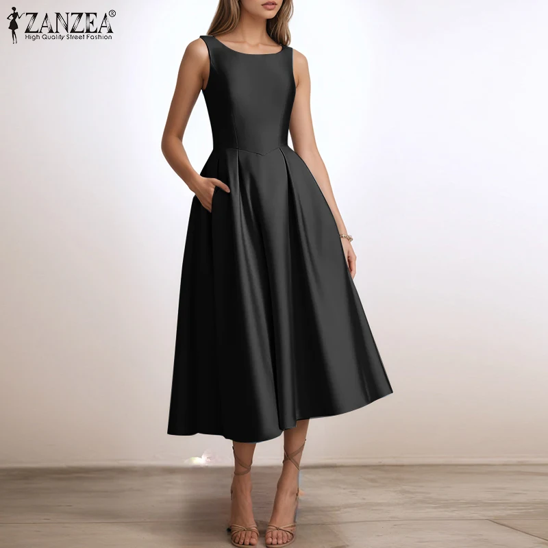 여성 스타일리시 파티 드레스 2025 ZANZEA 우아한 여름 새틴 드레스 민소매 A라인 워크 베스티도스 하이웨이스트 솔리드 OL 선드레스