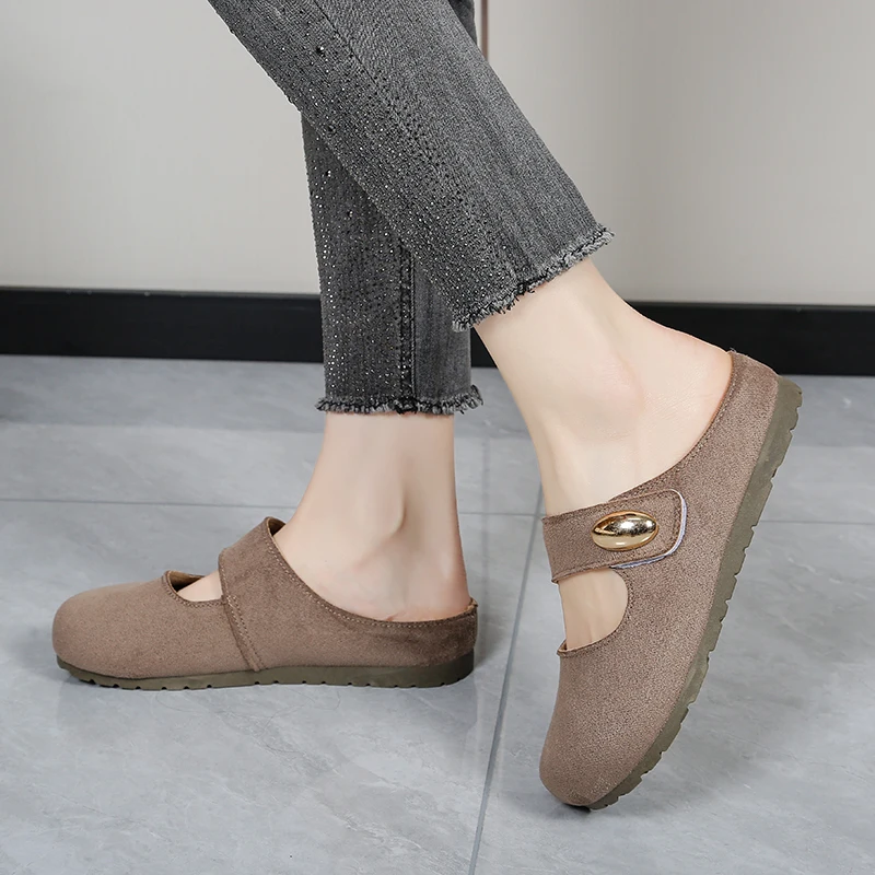 Free Shipping Women's Suede Mary Jane Mules,Casual Backless Flat Clogs,Comfortable Slip-on Slippers,Retro Minimalist Daily Shoes view 2