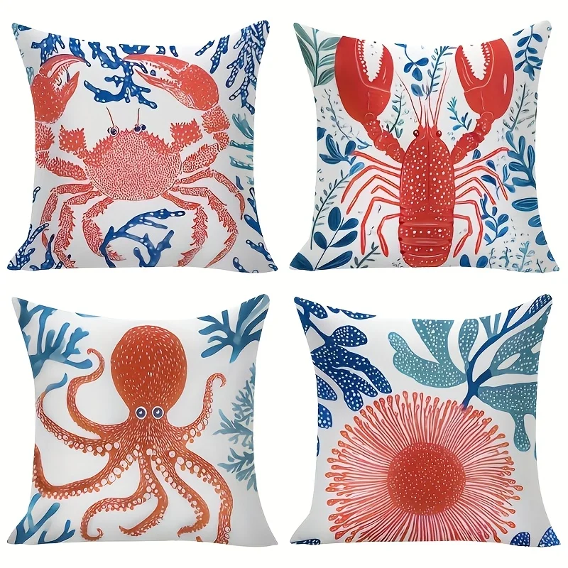 4 Piece Pillow Covers Set Ocean Marine Coastal Tropical Nautical Beach Sea Life Decor Throw Cushion Pillowcase