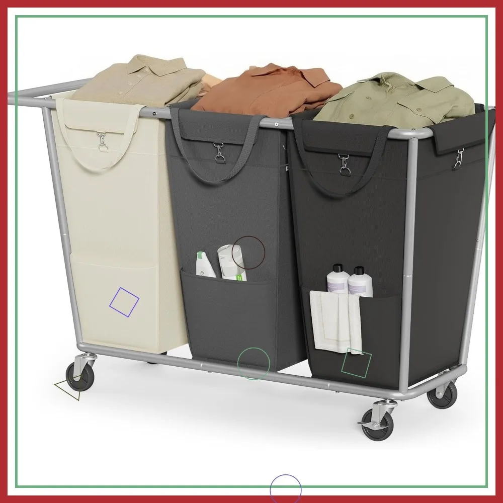 

Трехсекционный передвижной контейнер для сортировки белья на колесах, объем 76,6 галлонов, со съемными мешками и прочной стальной рамой, цвет кремово-белый